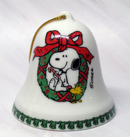 1978 Peanuts Porcelain Christmas Bell Ornament - Snoopy On Wreath