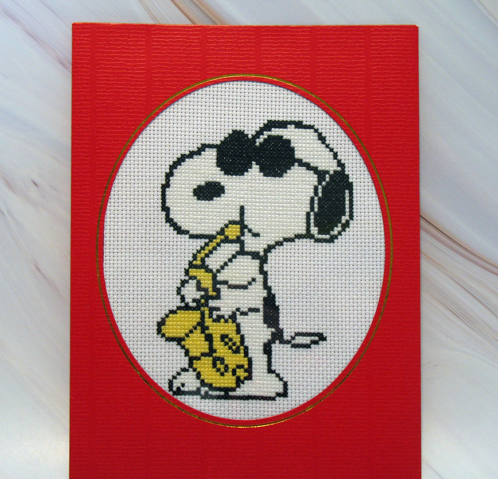 Snoopy Joe Cool Sax Handmade Cross-Stitched Blank Card - Completed  (Ready For Framing)