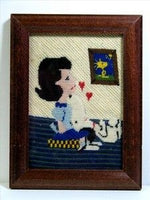 Lucy and Snoopy Framed Hand Stitched Needlepoint Picture