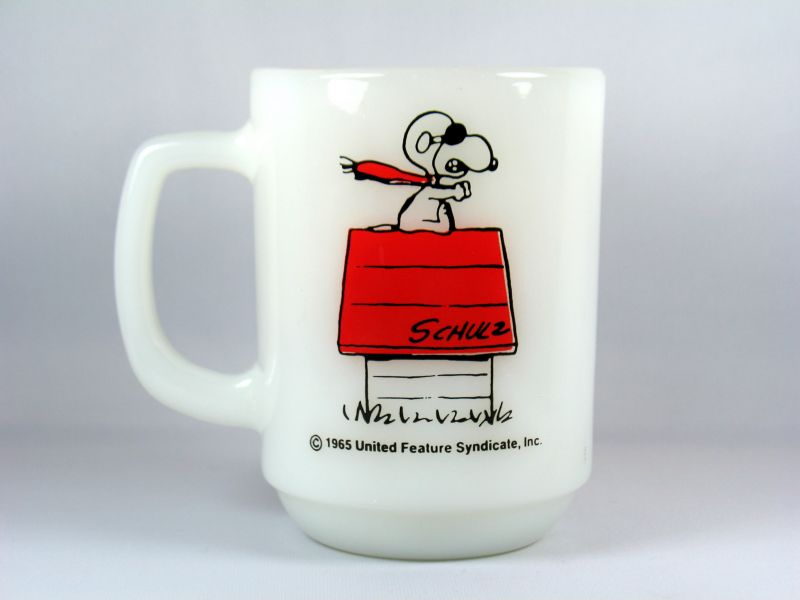 Fire King Vintage Milk Glass Mug: Snoopy Flying Ace "Curse You Red Bar|  snoopn4pnuts.com