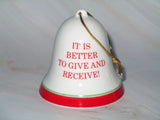 Mid-1970's Peanuts Porcelain Christmas Bell Ornament - Gift Giving
