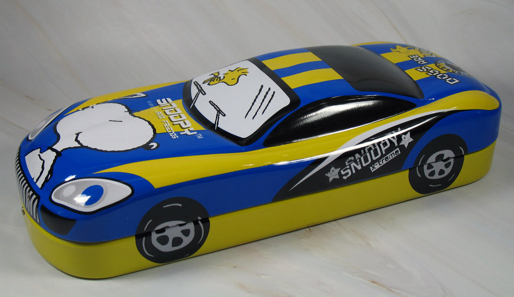 Snoopy Metal Car-Shaped Pencil Box With Multiple Hinged Trays - RARE!