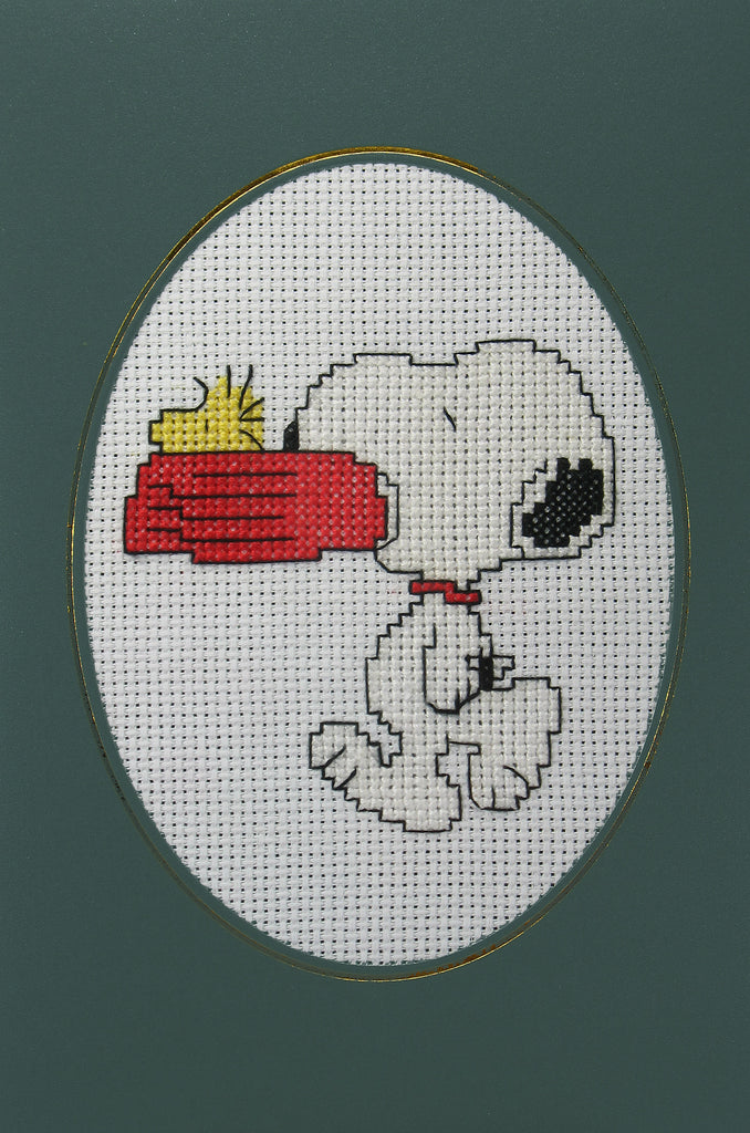 Snoopy Cross-Stitched Blank Card With Acetate Cover (Handmade) - Completed (Ready For Framing) - Crease In Acetate/Plastic Cover)