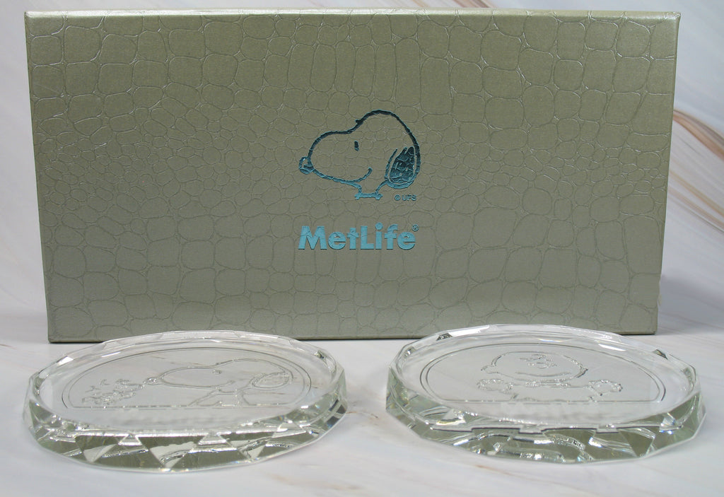 Peanuts Met Life Etched Crystal Coaster / Paperweight Set In Gift Box