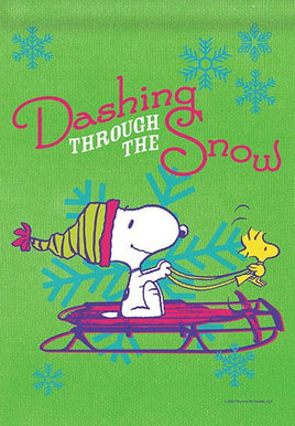 Peanuts Double - Sided Flag - Snoopy Dashing Through The Snow - snoopn4pnuts.com