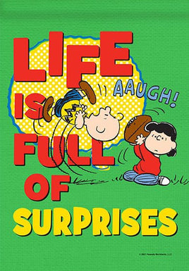 Peanuts Double - Sided Flag - Life Is Full Of Surprises - snoopn4pnuts.com