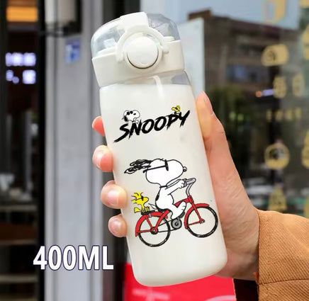 Snoopy Clear Acrylic Water Bottle With Finger Carrying Loop - Bicycle Ride - snoopn4pnuts.com