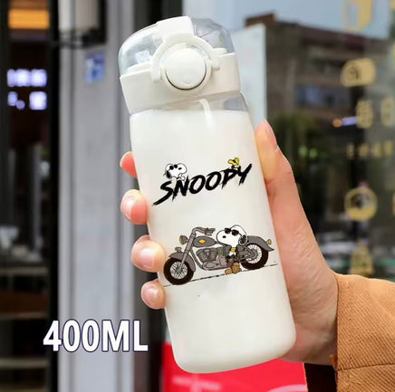 Snoopy Clear Acrylic Water Bottle With Finger Carrying Loop - Joe Cool Motorcycle - snoopn4pnuts.com