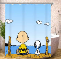 Charlie Brown and Snoopy Sitting On The Dock Shower Curtain With Free Hanger Hooks