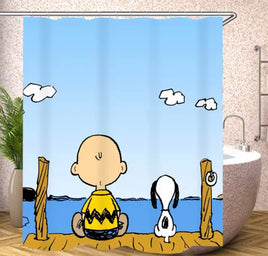 Charlie Brown and Snoopy Sitting On The Dock Shower Curtain With Free Hanger Hooks - snoopn4pnuts.com