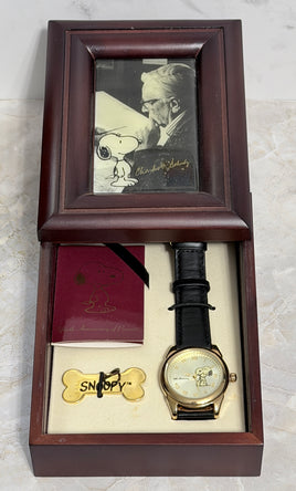 Peanuts 50th Anniversary Quartz FOSSIL Watch In Wood Case - Brass Watch Case  (New/Light Wear To Back Of Wood Case)