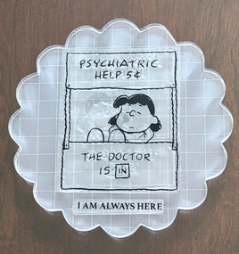 Peanuts Large 5" 2-Piece Clear Vinyl Stamps On Thick Acrylic Block - Lucy Psych Booth  (Same Pliability As Rubber!)