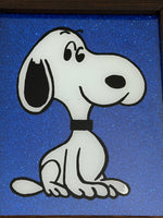 Snoopy Painted Image On Glass With Wood Frame And Glitter Background