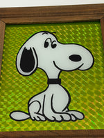 Snoopy Painted Image On Glass With Wood Frame And Prismatic Background
