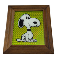 Snoopy Painted Image On Glass With Wood Frame And Prismatic Background