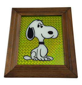Snoopy Painted Image On Glass With Wood Frame And Prismatic Background