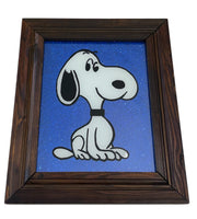 Snoopy Painted Image On Glass With Wood Frame And Glitter Background