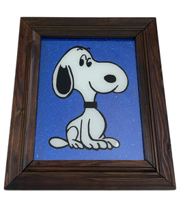 Snoopy Painted Image On Glass With Wood Frame And Glitter Background