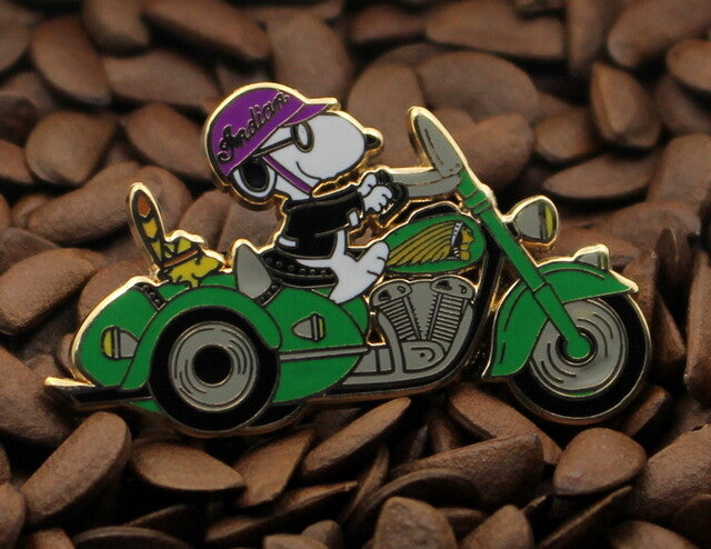 Snoopy Joe Cool Indian Motorcycle Enamel Pin -  Green
