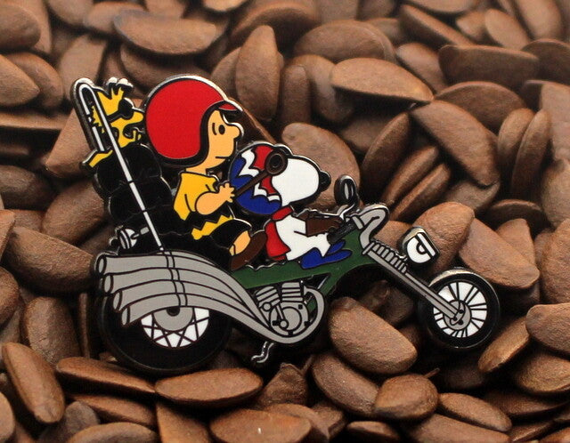 Charlie Brown and Snoopy Chopper Motorcycle Enamel Pin - Green Motorcycle