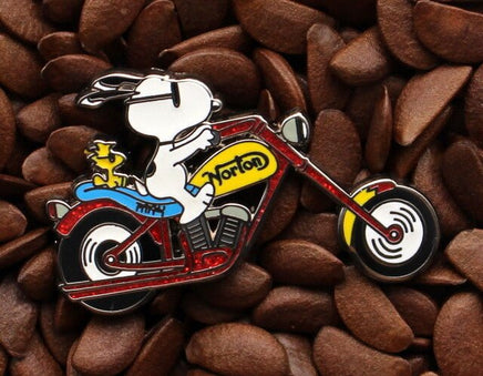 Snoopy Joe Cool Norton Chopper Motorcycle Enamel Pin - Red - snoopn4pnuts.com