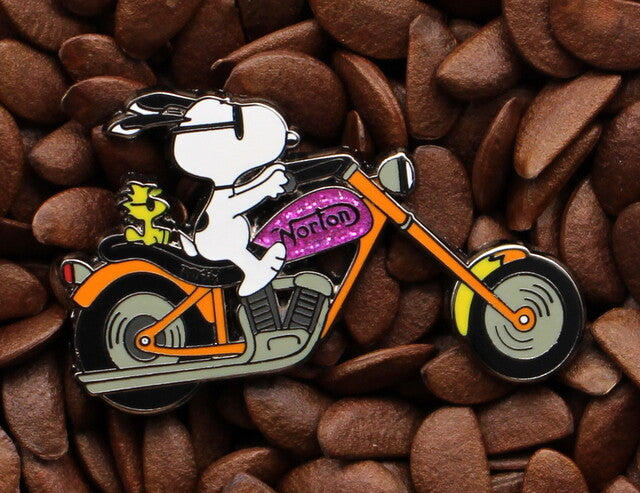 Snoopy Joe Cool Norton Chopper Motorcycle Enamel Pin -  Orange