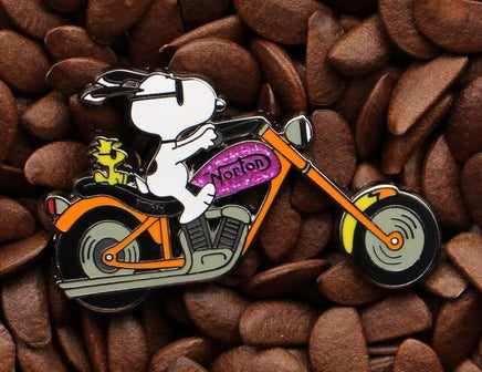 Snoopy Joe Cool Norton Chopper Motorcycle Enamel Pin - Orange - snoopn4pnuts.com