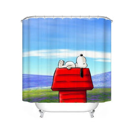 Snoopy On Dog House Shower Curtain With Free Hanger Hooks - snoopn4pnuts.com