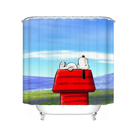 Snoopy On Dog House Shower Curtain With Free Hanger Hooks - snoopn4pnuts.com