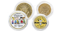 Peanuts 60th Anniversary 24K GOLD PLATED & Colorized Half Dollar & Washington DC Quarter 2-Piece Coin Set With Stands - Licensed