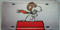 Snoopy Flying Ace Metal License Plate (Faux Chrome Finish)  - NEW But Near Mint (Corner Scratched)