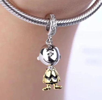 Charlie Brown 3 - D Sterling Silver Pendant / Charm With Gold - Tone Accents and Cubic Zirconia - Laden Hanging Ring - snoopn4pnuts.com