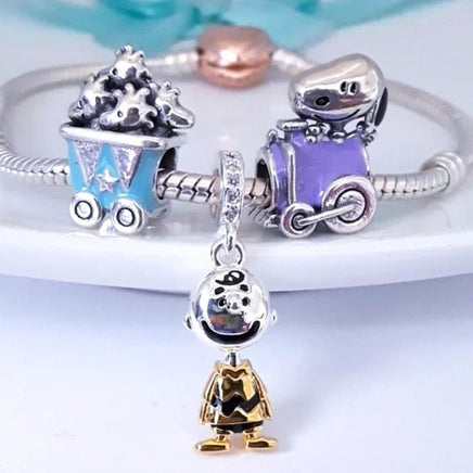 Charlie Brown 3 - D Sterling Silver Pendant / Charm With Gold - Tone Accents and Cubic Zirconia - Laden Hanging Ring - snoopn4pnuts.com