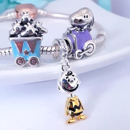 Charlie Brown 3 - D Sterling Silver Pendant / Charm With Gold - Tone Accents and Cubic Zirconia - Laden Hanging Ring - snoopn4pnuts.com