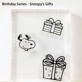 Peanuts Birthday Series 3-Piece Clear Vinyl Stamps On Thick Acrylic Block - Snoopy's Gifts (Same Pliability As Rubber!)