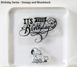 Peanuts Birthday Series 2-Piece Clear Vinyl Stamps On Thick Acrylic Block - Snoopy and Woodstock (Same Pliability As Rubber!)