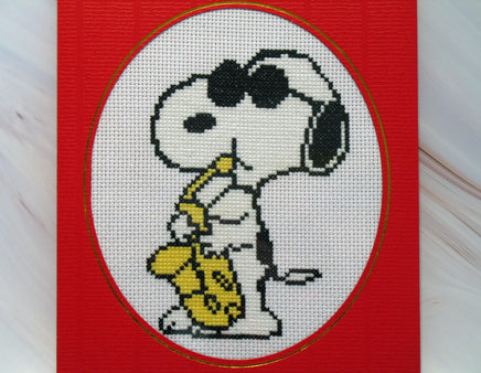 Snoopy Joe Cool Sax Handmade Cross - Stitched Blank Card - Completed (Ready For Framing) - snoopn4pnuts.com