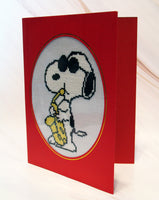 Snoopy Joe Cool Sax Handmade Cross - Stitched Blank Card - Completed (Ready For Framing) - snoopn4pnuts.com