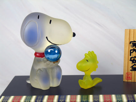 Snoopy and Woodstock Chinese Figurine Set With Gazing Ball and Wood Display Stand - RARE! - snoopn4pnuts.com