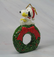Late 1970's Snoopy On Wreath LARGE Christmas Ornament (4 1/4