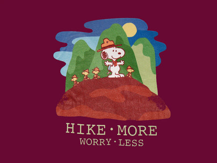 Snoopy Inspirational T-Shirt - Hike More, Worry Less (Burgundy) - snoopn4pnuts.com