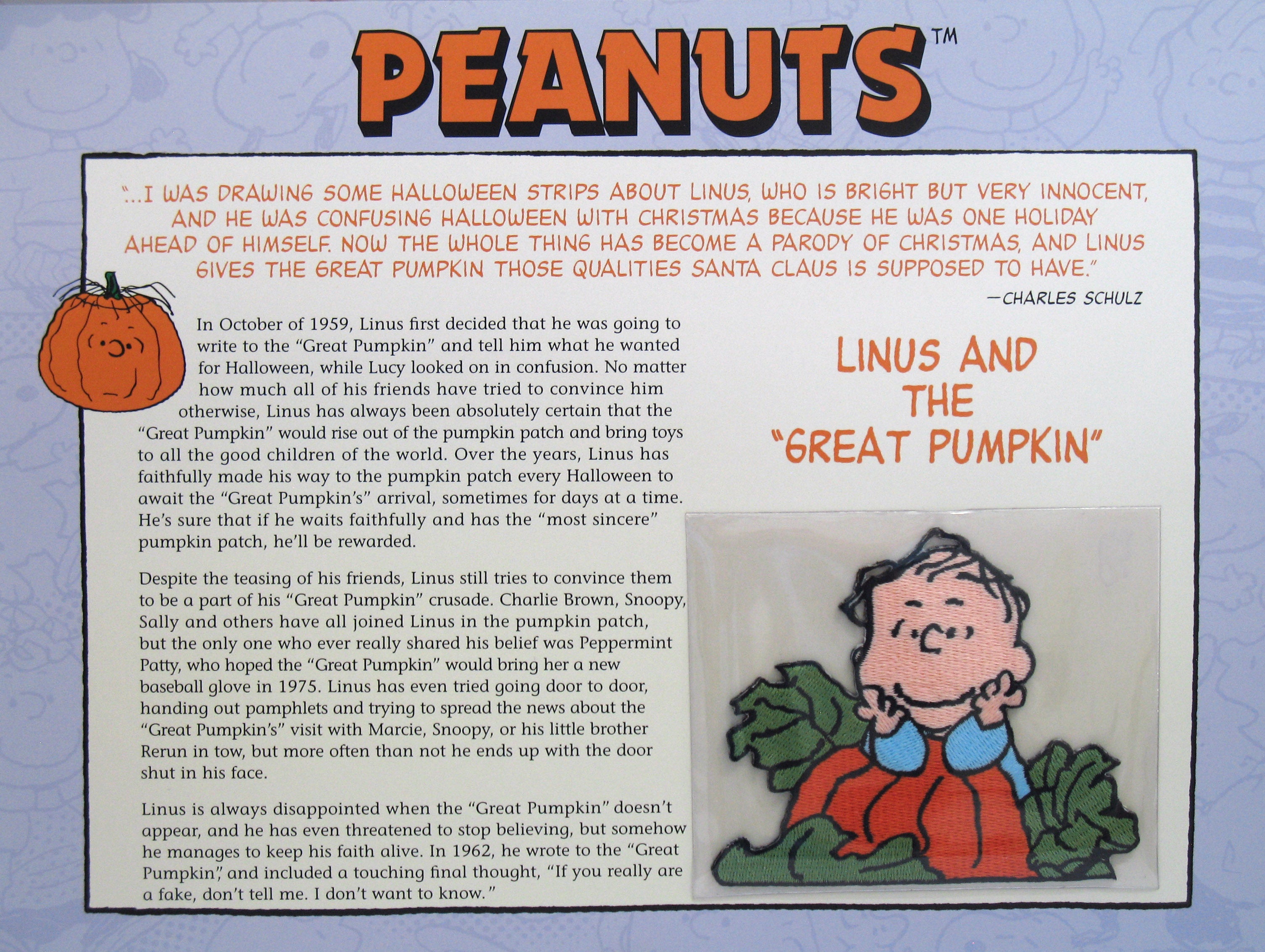 Linus Embroidery Design Willabee & Ward Embroidered Patch - Linus In Pumpkin Patch Rare ...