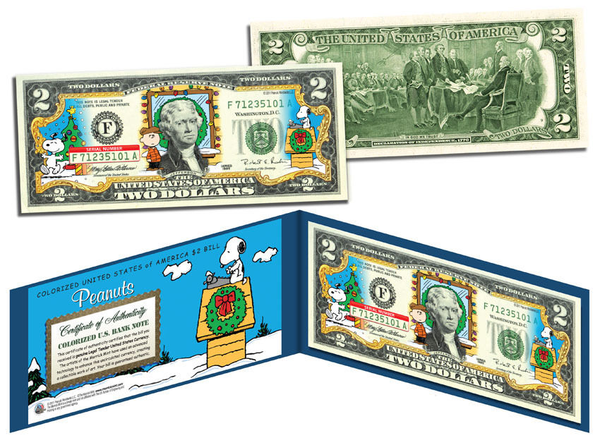 Peanuts $2 Colorized Bill (Christmas Edition) - Legal Tender