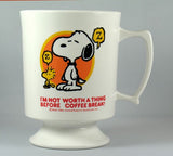 Snoopy Pedestal Melamine Mug - "I'm not worth a thing before coffee break."