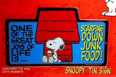 Snoopy Embossed Tin Wall Sign - Scarfing Down Junk Food | snoopn4pnuts.com