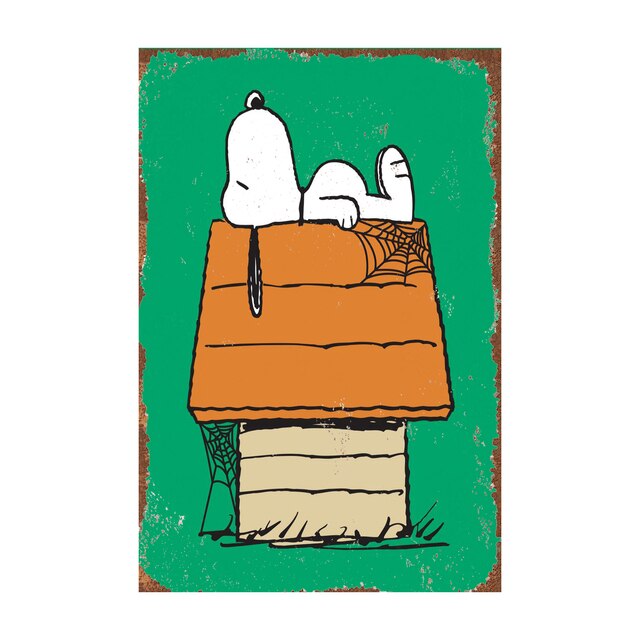 Snoopy Tin Wall Sign With Weathered Look - Spooky Halloween Doghouse