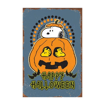 Snoopy Tin Wall Sign With Weathered Look - Snoopy In Halloween Jack - O - Lantern - snoopn4pnuts.com