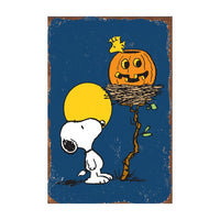 Snoopy Tin Wall Sign With Weathered Look - Woodstock's Halloween Jack-O-Lantern