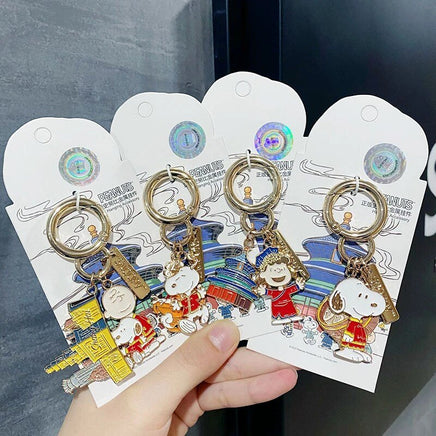 Peanuts Japanese Kimono Gold - Tone Metal and Enamel Key Chain / Ring With 3 Pendants - Snoopy - snoopn4pnuts.com