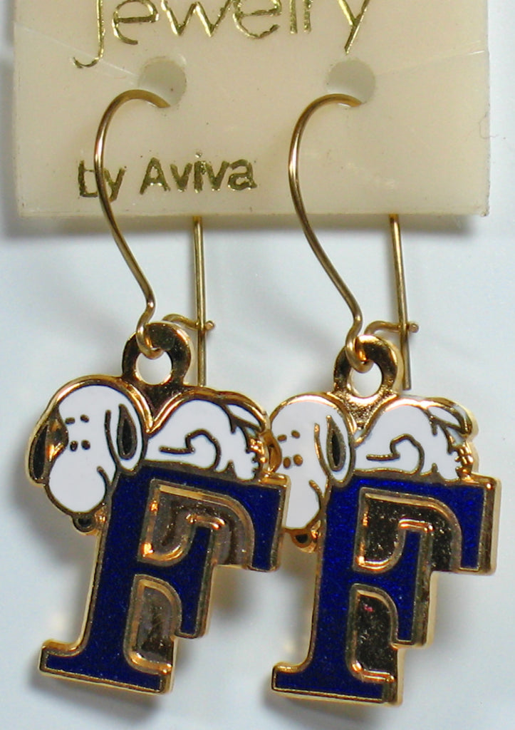 Snoopy Alphabet Cloisonne Latch Back Earrings - Blue "F